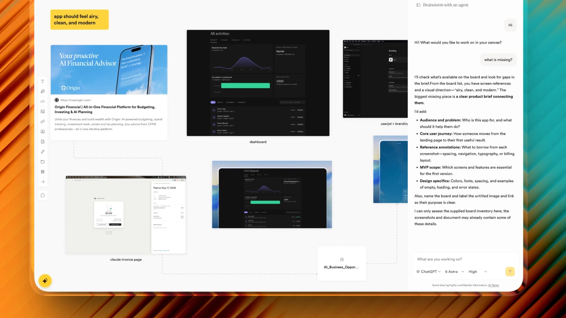 The Grein desktop app: a board of product references beside a ChatGPT conversation about it.